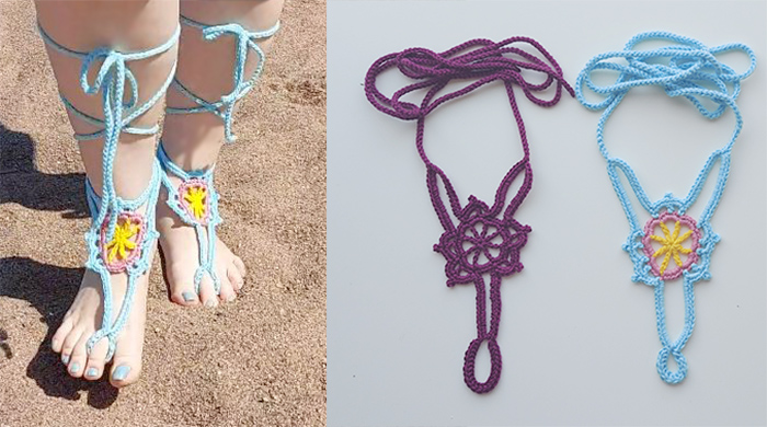 crochet barefoot sandals on beach